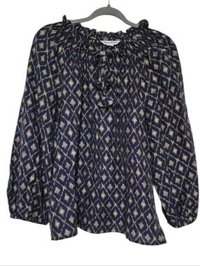Tommy Bahama Size Medium Blue Beige Geometric Print Linen Blend Peasant Blouse